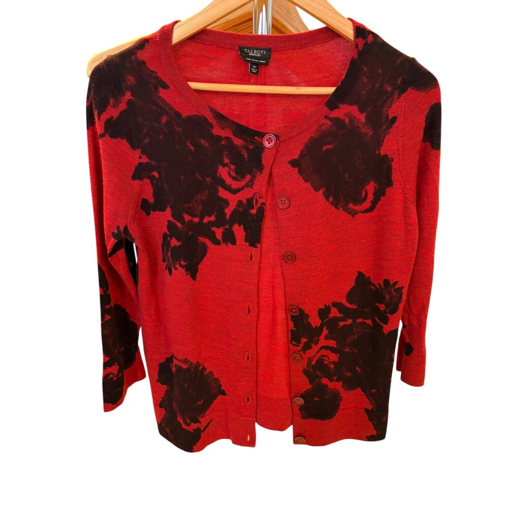 TALBOTS Women's 100% Italian Merino Wool Cardigan Sweater MEDIUM Red Black Rose